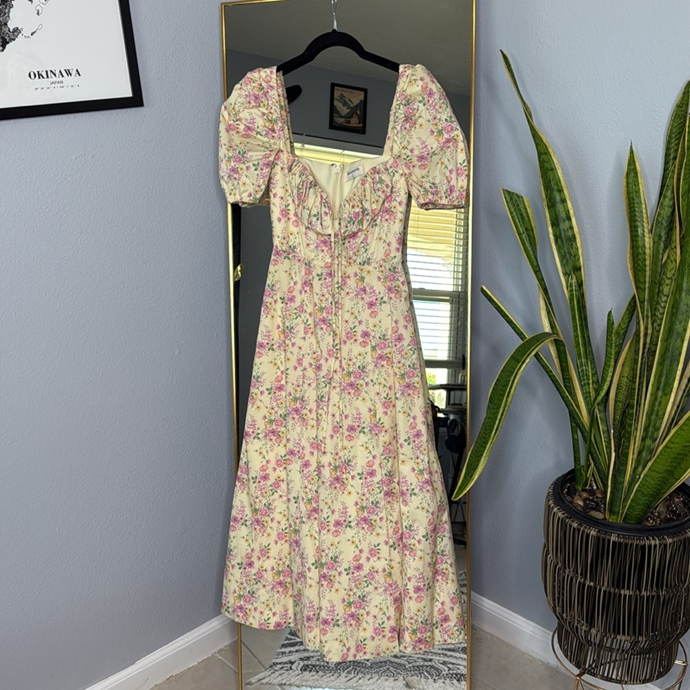 HOUSE OF CB 'Tallulah' Lemon Floral Puff Sleeve Midi Sundress NWOT - Picture 6 of 9